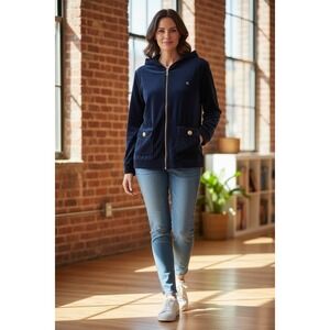 NWT Lauren Ralph Lauren Navy Full Zip Hooded Velour Jacket with Gold Trim & Logo